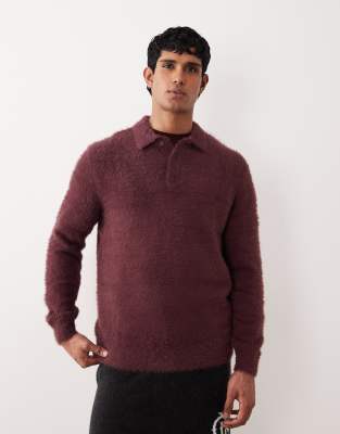 Polo-Pullover aus flauschigem Strick in Burgunderrot Rot S