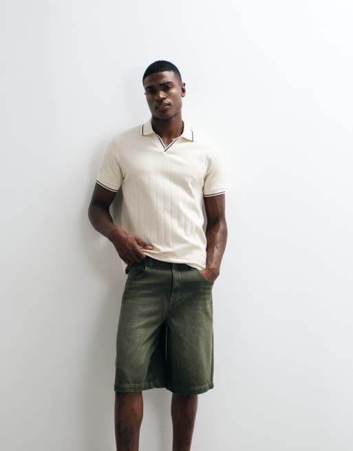 ASOS DESIGN - Polo regular fit color crema a coste larghe con rever e bordi a contrasto