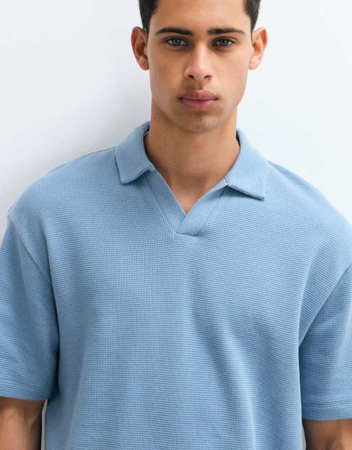 ASOS DESIGN polo relaxed con collo a rever blu a nido d'ape, 3 di 5