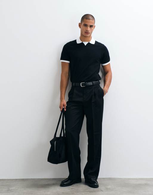ASOS DESIGN polo relaxed con colore a contrasto in piqué nero, 1 di 5