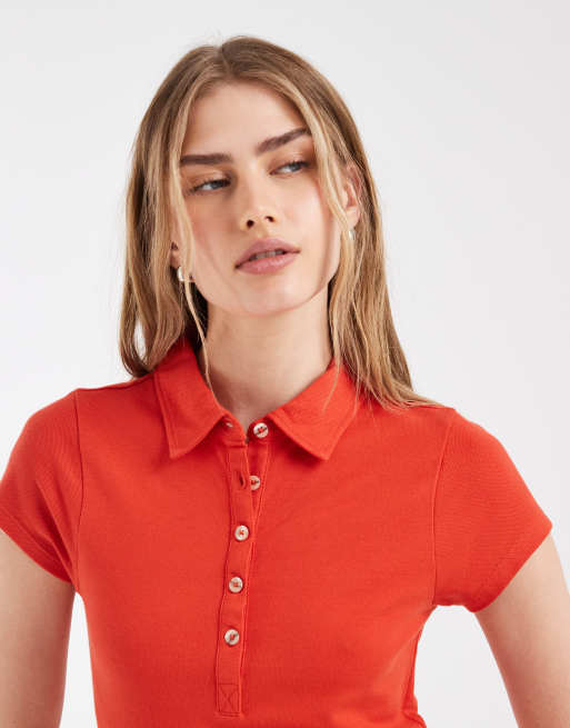 ASOS DESIGN - Polo rojo con diseño encogido de puntilla, 3 de 4