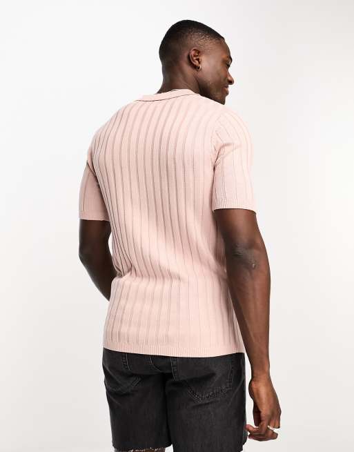 ASOS DESIGN - Polo rosa pastello attillata in maglia leggera a coste, 2 di 4