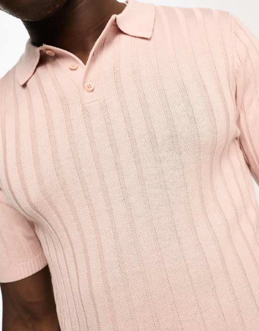 ASOS DESIGN - Polo rosa pastello attillata in maglia leggera a coste, 3 di 4