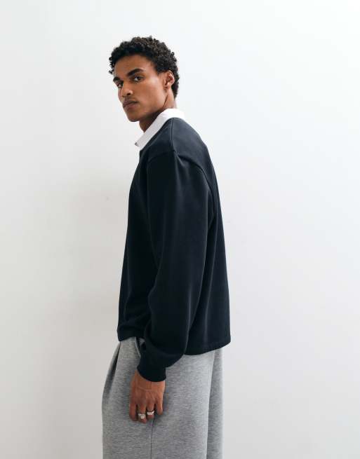 ASOS DESIGN polo rugby à manches longues coupe décontractée avec col contrastant en noir, 5 de 5