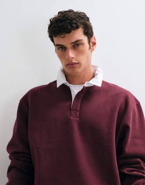 ASOS DESIGN polo rugby a maniche lunghe relaxed con colletto a contrasto bordeaux - view 1