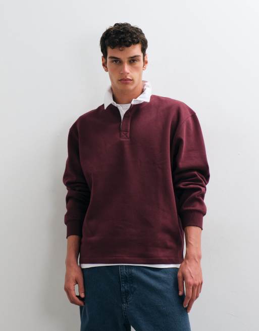ASOS DESIGN polo rugby a maniche lunghe relaxed con colletto a contrasto bordeaux, 3 di 5