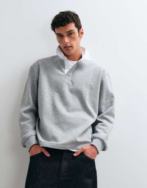 ASOS DESIGN polo rugby manches longues coupe relaxed avec col contrastant en gris chiné - view 1