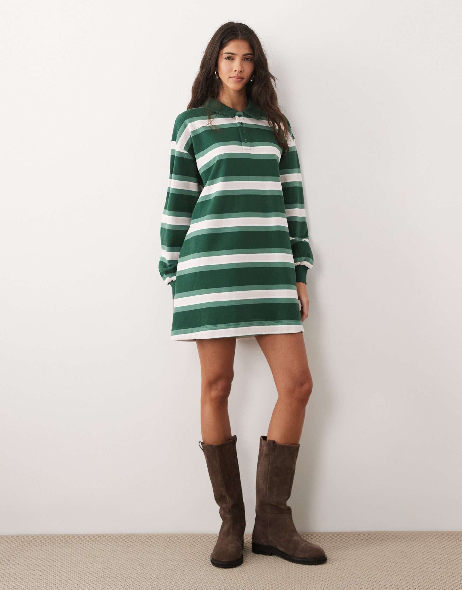 asos design polo rugby mini dress in green stripes