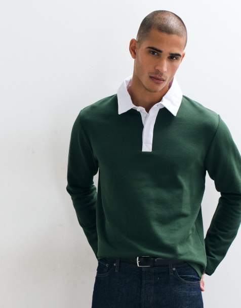 ASOS DESIGN polo rugby o regularnym kroju z kołnierzykiem w kontrastowym kolorze, ciemnozielone - view 1