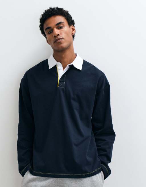 ASOS DESIGN polo rugby oversize à manches longues avec coutures contrastantes en bleu marine, 2 de 5