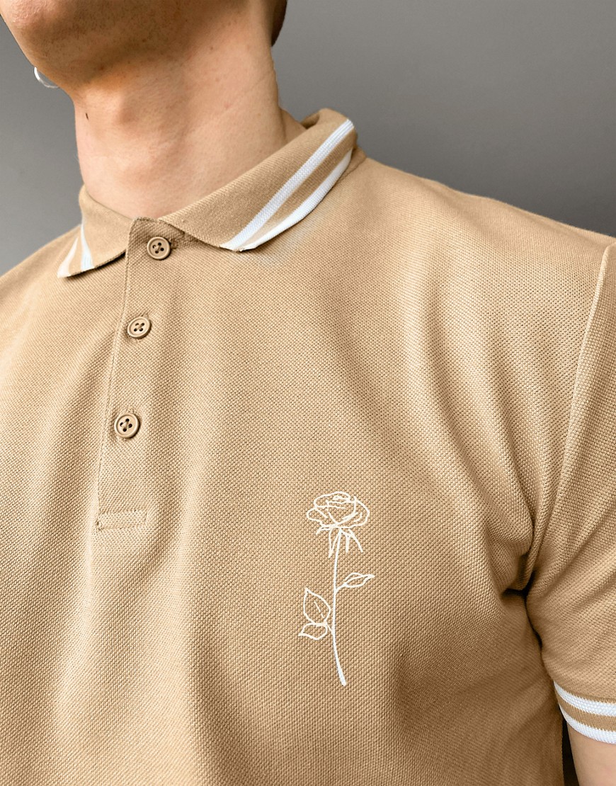Asos Design Polo Shirt In Beige Pique With Rose Embroidery-neutral