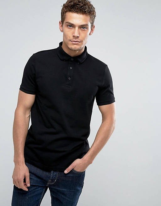 ASOS DESIGN polo shirt in black pique with button down collar in black ...