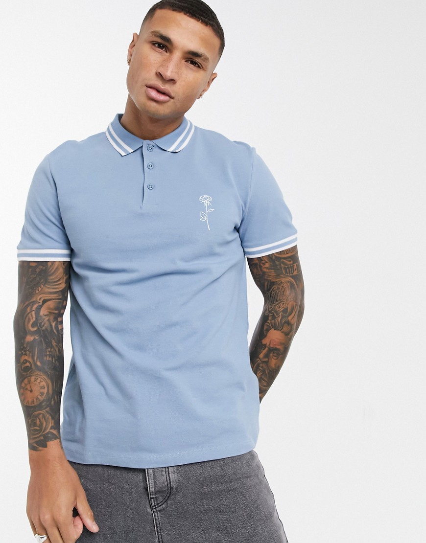 Asos Design Polo Shirt In Blue Pique With Rose Embroidery-blues