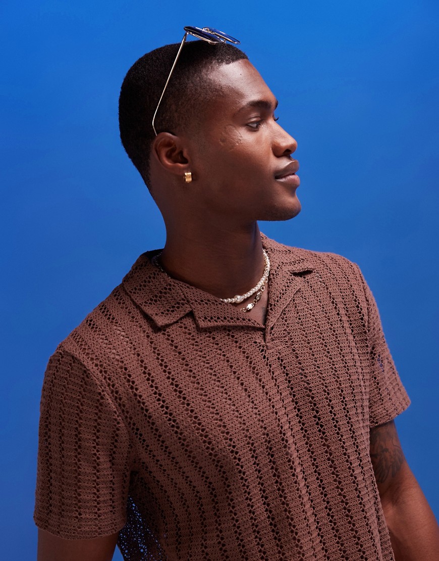Asos Design Polo Shirt In Brown Crochet Fabric