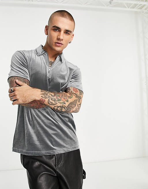 ASOS DESIGN polo shirt in dark gray velour with zip | ASOS