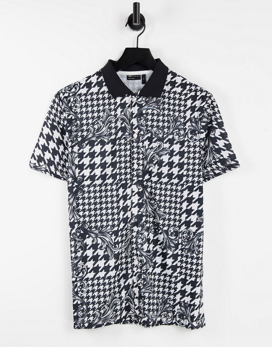 ASOS DESIGN polo shirt in dogstooth & baroque all over print-Multi