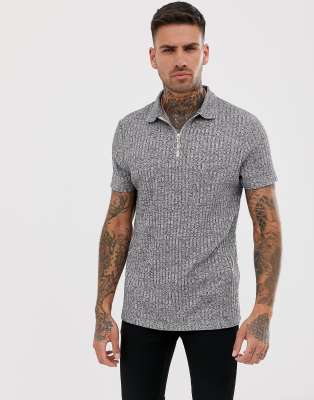 ASOS DESIGN polo shirt in interest rib with zip neck in grey