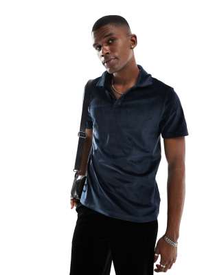 Asos Design Lightweight Knitted Cotton Polo In Black In Navy