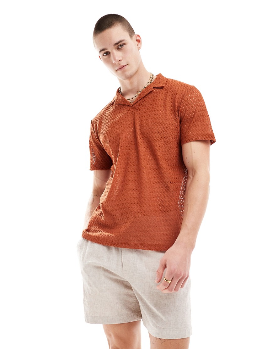 ASOS DESIGN polo shirt in orange crochet texture