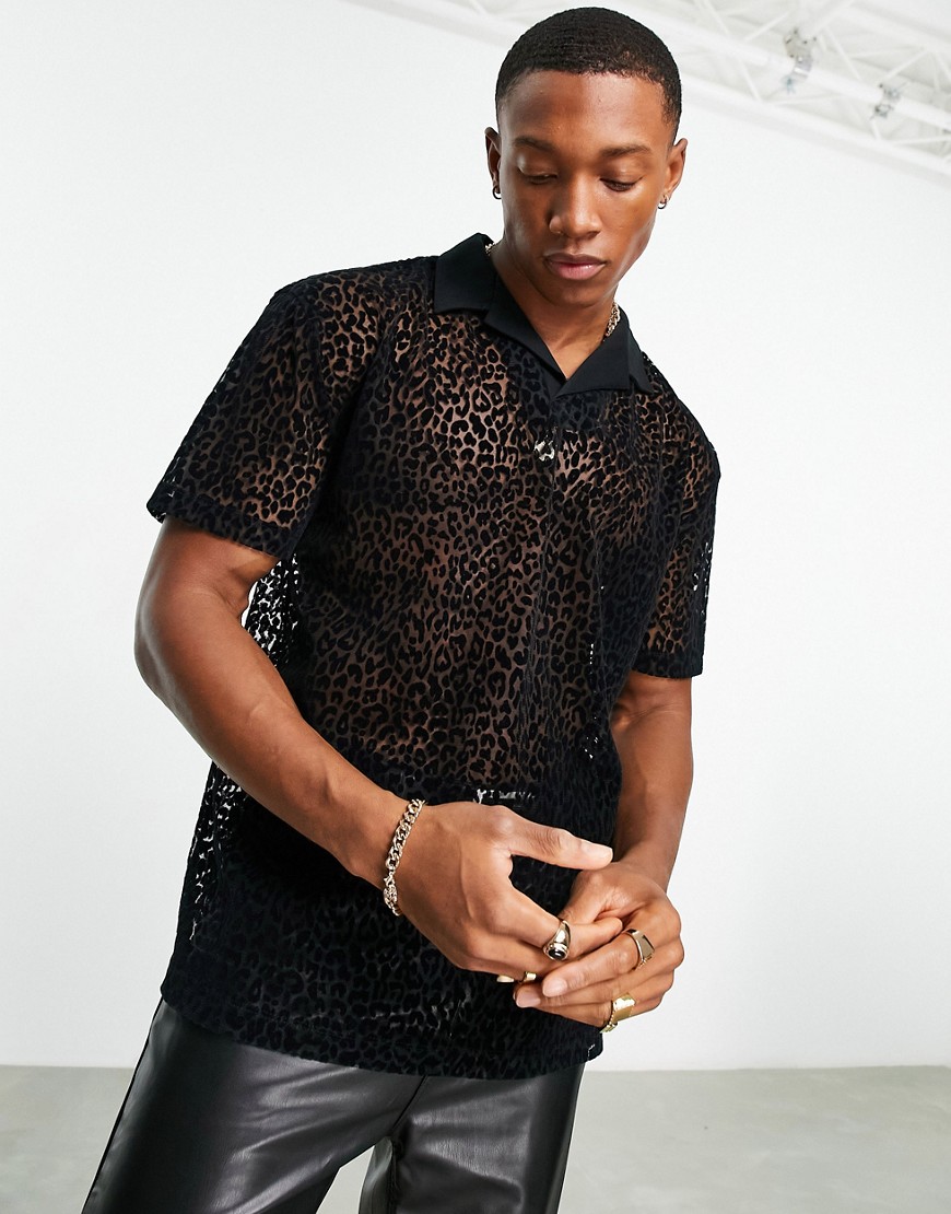Asos Design Polo Shirt In Sheer Fabric With Leopard Flock Print-Black