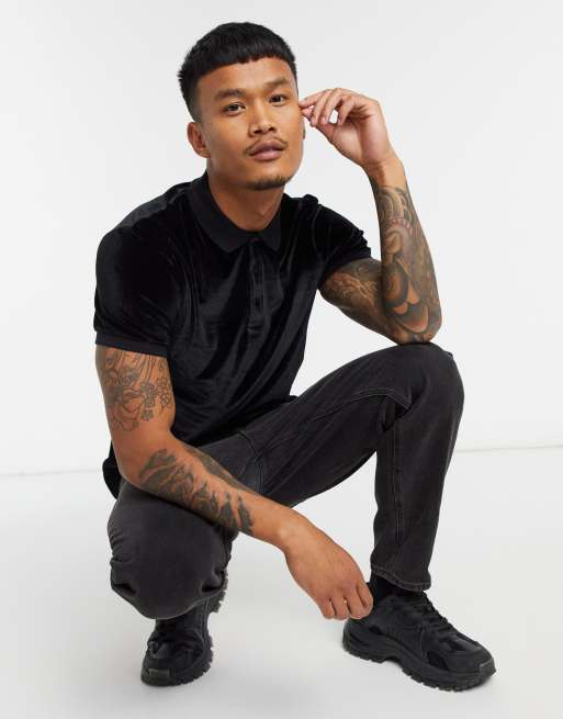 Asos Design Polo Shirt In Velour In Black Asos