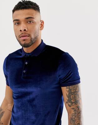 ASOS DESIGN polo shirt in velour in Navy