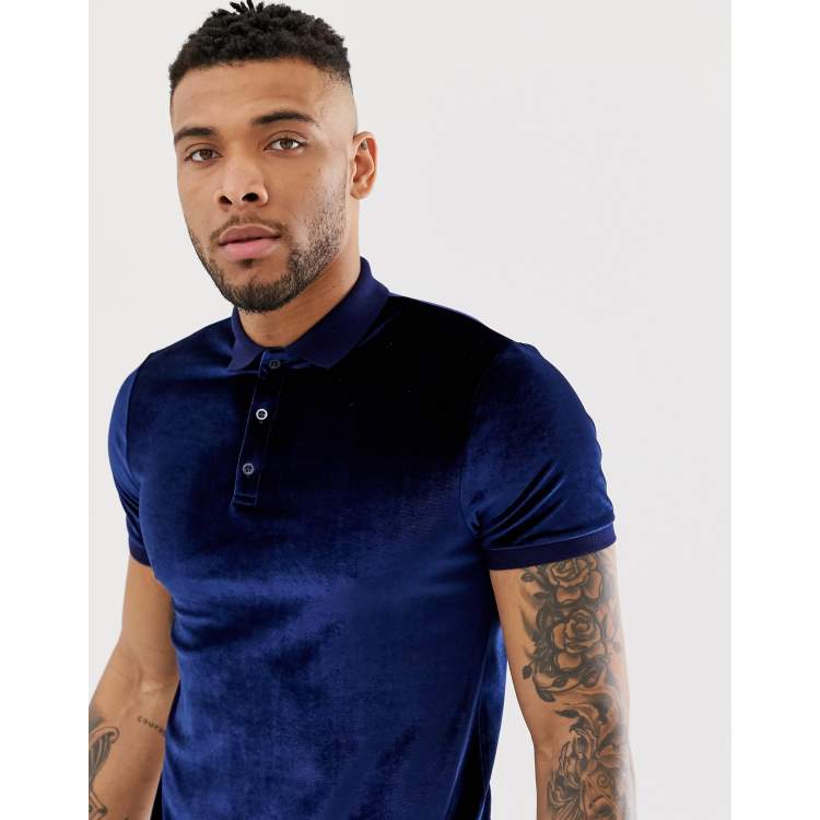 ASOS DESIGN polo shirt in velour in Navy