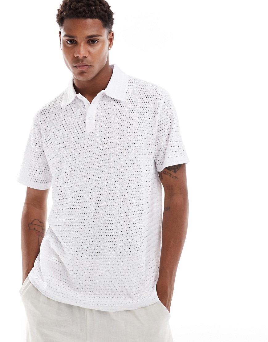 Asos Design Polo Shirt In White Crochet Texture