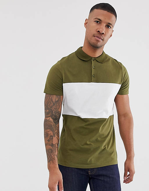 ASOS DESIGN polo shirt with colour block in khaki | ASOS