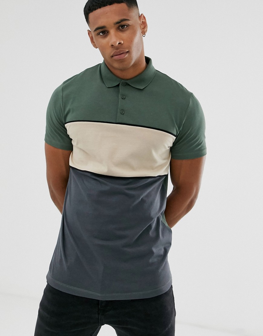 ASOS DESIGN polo shirt with colour block in khaki-Green