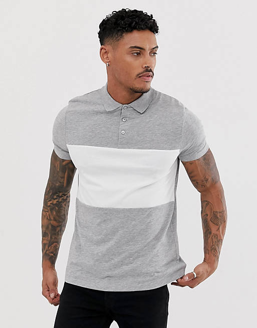 ASOS DESIGN polo shirt with contrast body panel in gray | ASOS