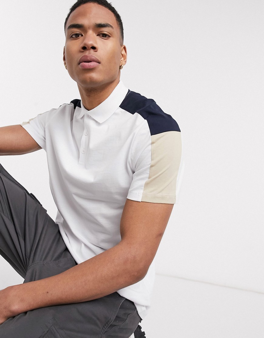ASOS DESIGN polo shirt with contrast shoulder panels in white