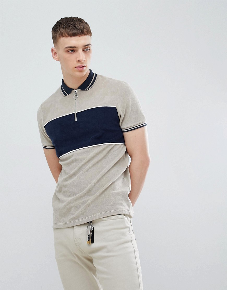 Asos Design Polo Shirt With Cut And Sew Body Panel And Zip Neck In Gray