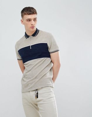 ASOS DESIGN polo shirt with cut and sew body panel and zip neck in grey ...
