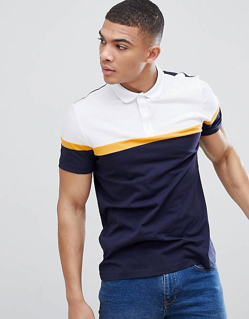 ASOS DESIGN polo shirt with cut and sew panels in navy | ASOS