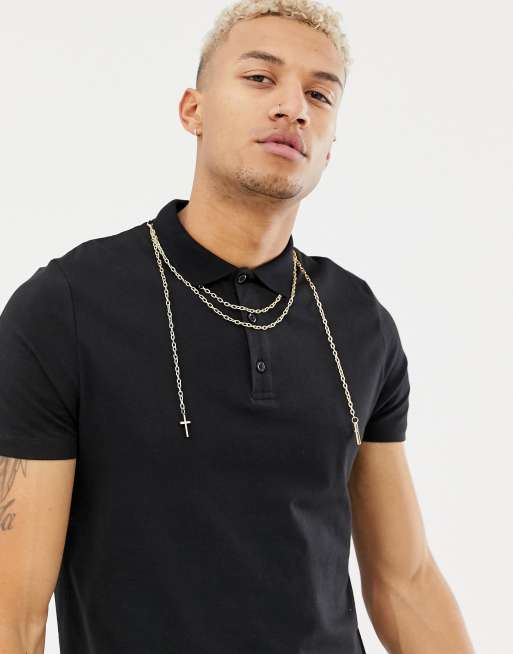 ASOS DESIGN polo shirt with gold neck chain detail in black | ASOS