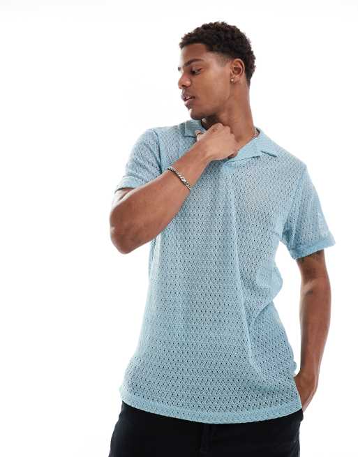 ASOS DESIGN polo shirt with revere collar in blue crochet 