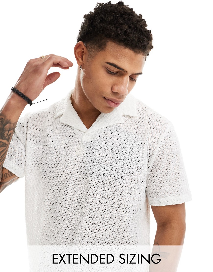 Asos Design Polo Shirt With Revere Collar In White Crochet