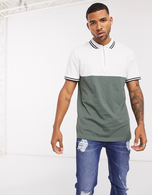 ASOS DESIGN polo shirt with tipping and zip neck in khaki