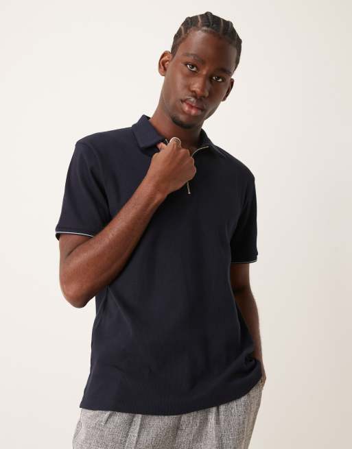 ASOS DESIGN polo shirt with zip collar in navy