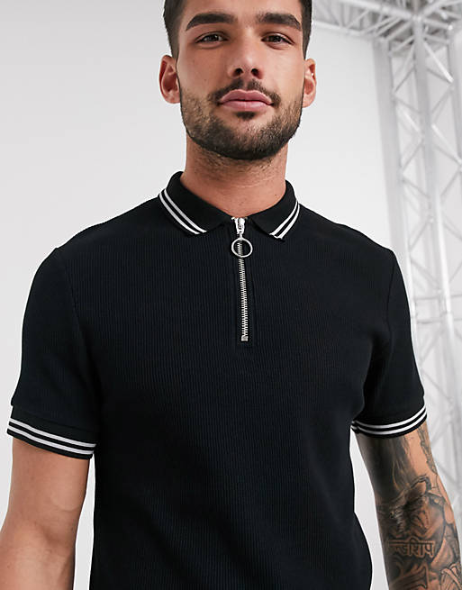 ASOS DESIGN polo shirt with zip neck and tipping in black waffle | ASOS