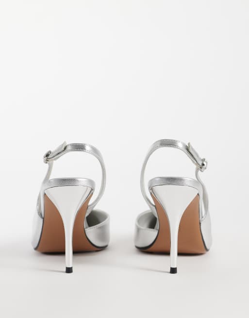 ASOS DESIGN Polo slingback stiletto high heel shoes in silver, 3 of 5