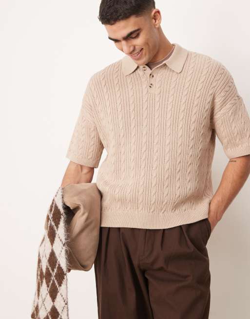 ASOS DESIGN - Polo squadrata color pietra a coste vestibilità comoda