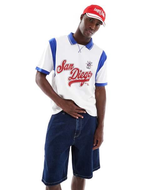 ASOS DESIGN - Polo squadrata comoda bianca e blu con pannelli e grafica di città - view 1