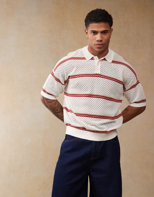 ASOS DESIGN - Polo squadrata écru a righe vestibilità comoda in maglia all'uncinetto