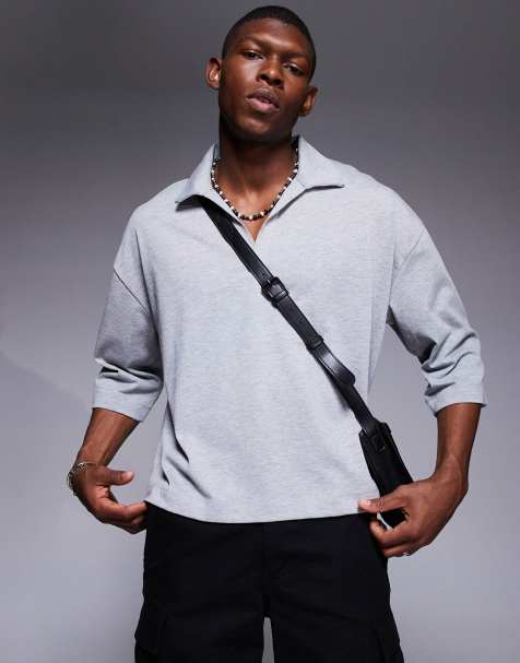ASOS DESIGN - Polo squadrata oversize grigio mélange con scollo a V - view 1