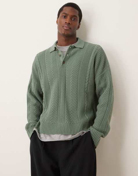 ASOS DESIGN - Polo squadrata oversize in maglia verde con motivo di impunture a spina di pesce - view 1