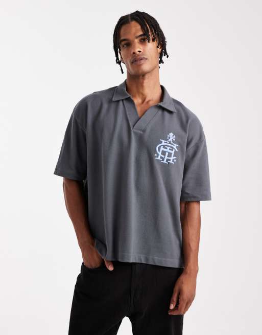ASOS DESIGN - Polo squadrata oversize pesante con spalle scese in piqué antracite con stemma del logo ricamato sul petto