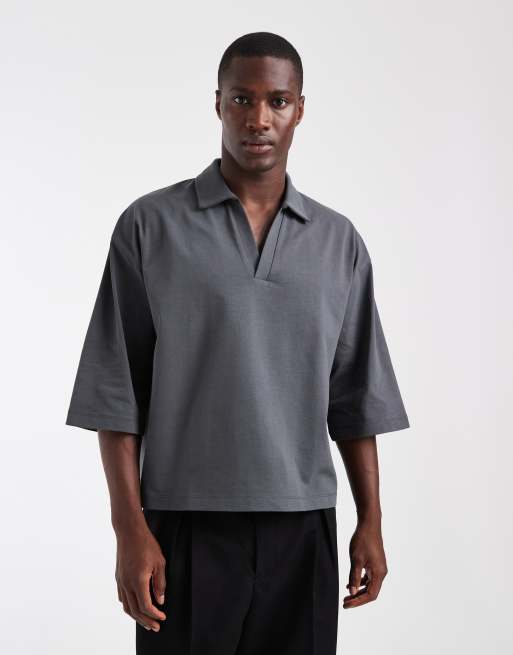 ASOS DESIGN - Polo squadrata oversize pesante grigio antracite a mezze maniche, 4 di 5