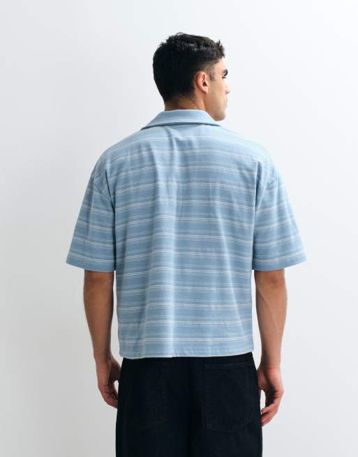 ASOS DESIGN - Polo squadrata oversize pesante in tessuto testurizzato blu a righe, 5 di 5